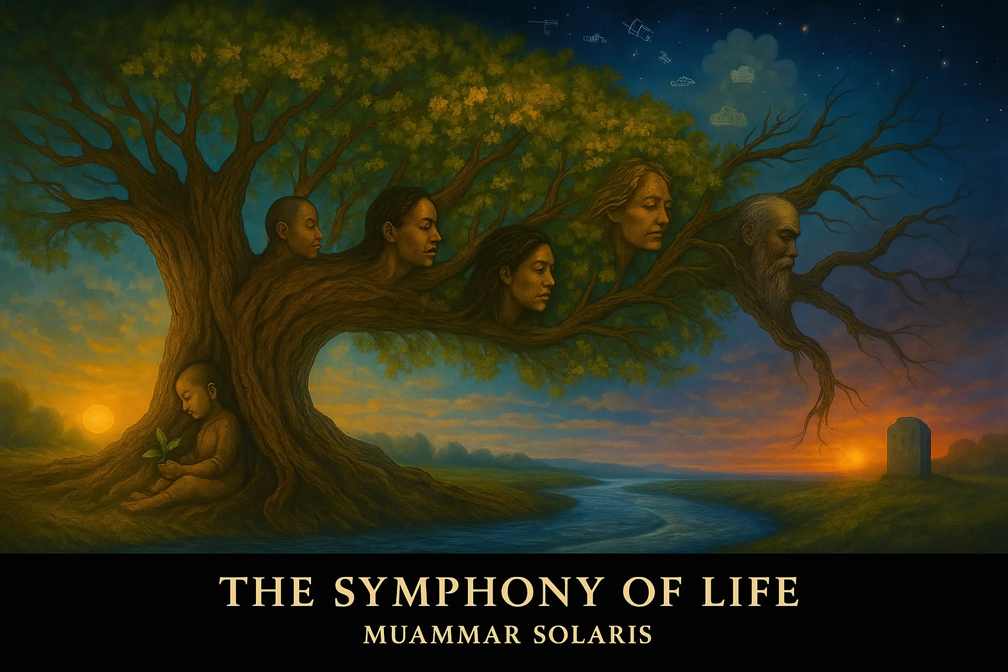 The Symphony of Life by Muammar Solaris, showing a human life cycle emerging through a great tree from sunrise and childhood to sunset and a headstone